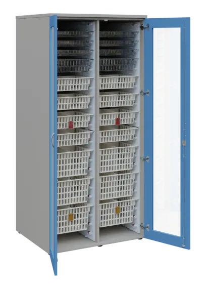 EUROMEDICA S - 90 skříň léková boxová, 2-dveřová/prosklená, 1950x900x735, korpus šedý, dvířka pastelově modrá